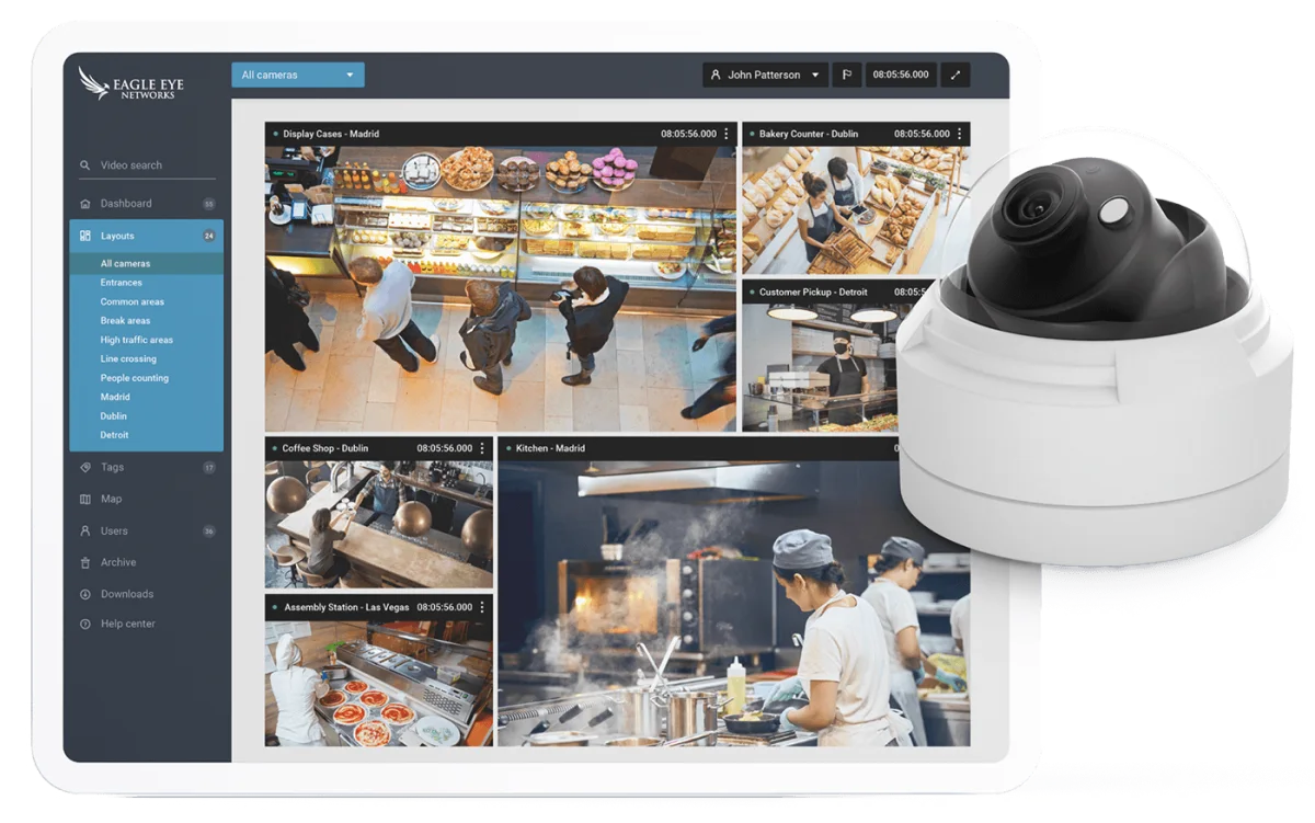 Eagle Eye Cloud VMS med flera kameravyer på surfplatta